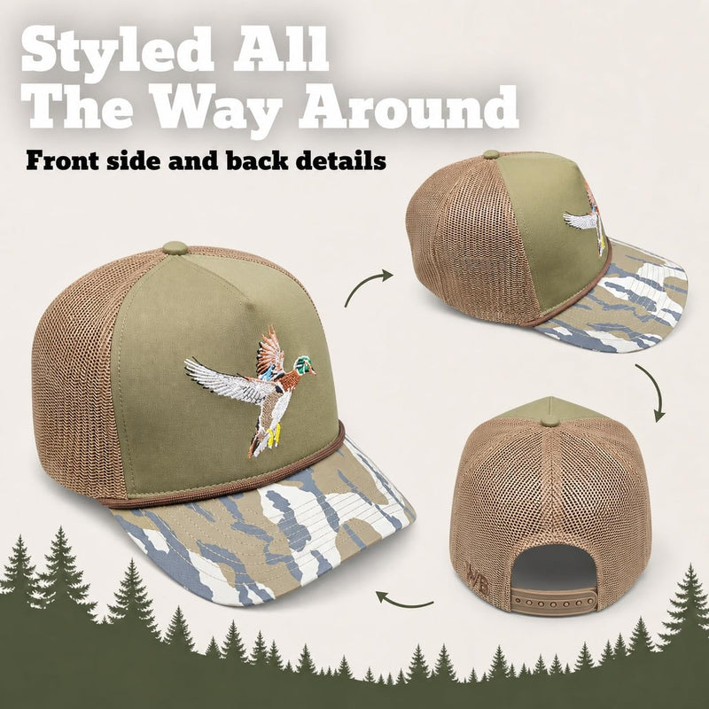 Wild Brims Hats, Flying Wood Duck, bark Camo, Dark Olive, Mesh Back