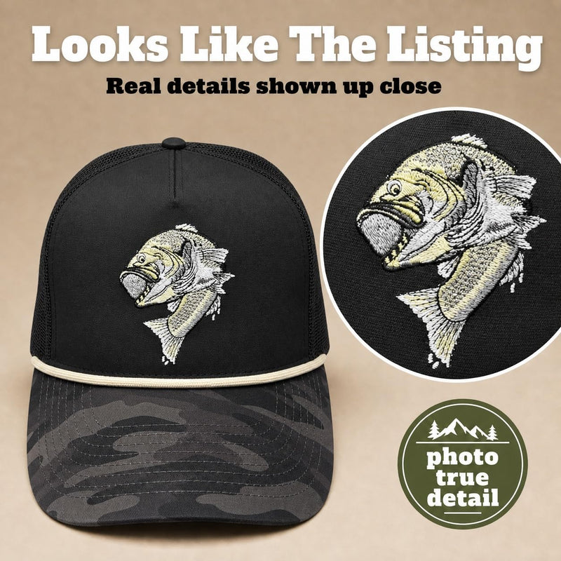 Wild Brims Hats, Largemouth Bass Black Camo, Black