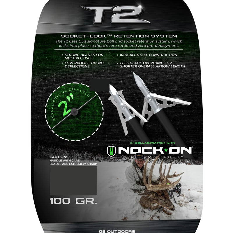 G5 T2 125-Grain 2-Blade Expandable Broadheads, 3-Pack | Durable Steel Archery Broadheads with Large 2" Cutting Diameter & Socket-Lock Retention System