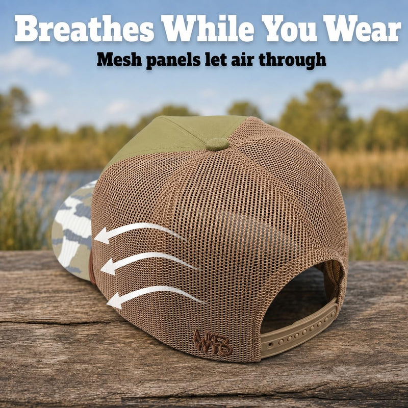 Wild Brims Hats, Flying Wood Duck, bark Camo, Dark Olive, Mesh Back