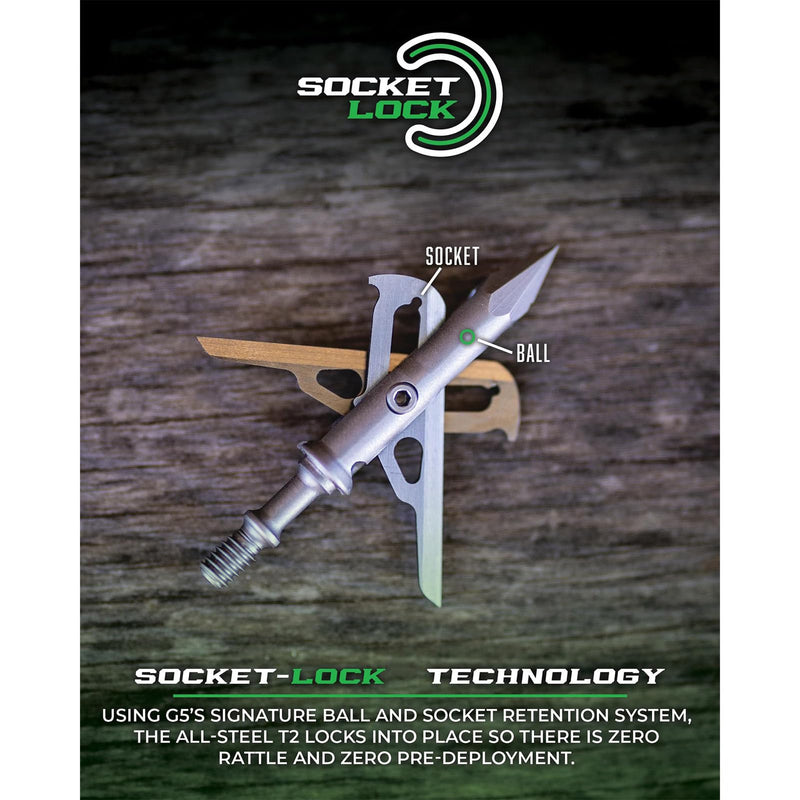 G5 T2 125-Grain 2-Blade Expandable Broadheads, 3-Pack | Durable Steel Archery Broadheads with Large 2" Cutting Diameter & Socket-Lock Retention System