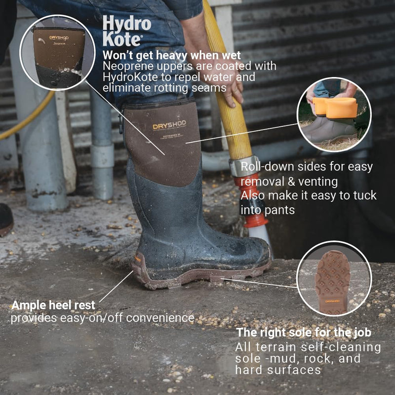 Dryshod Mens Haymaker Gusset Farm Boots| Rubber | Waterproof | Insulated | Black | Pull On