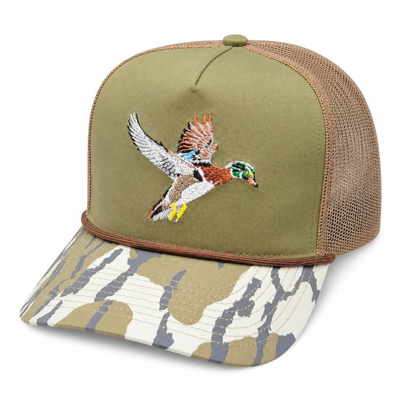 Wild Brims Hats, Flying Wood Duck, bark Camo, Dark Olive, Mesh Back