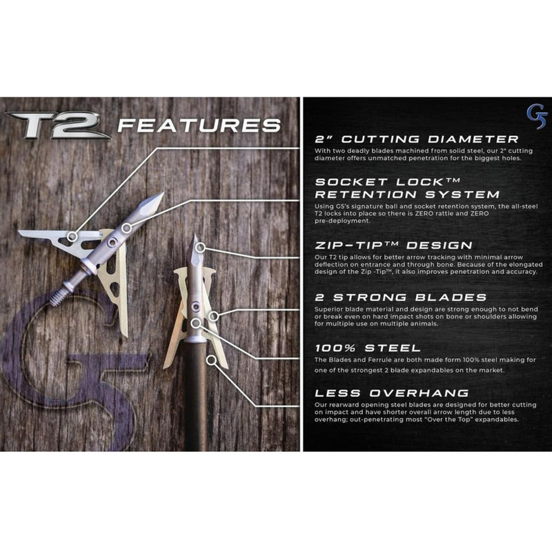 G5 T2 125-Grain 2-Blade Expandable Broadheads, 3-Pack | Durable Steel Archery Broadheads with Large 2" Cutting Diameter & Socket-Lock Retention System