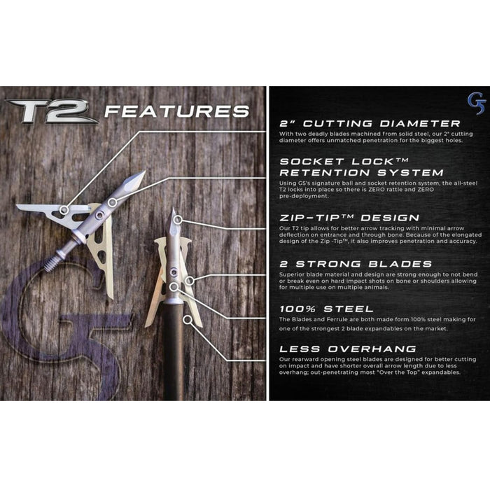 G5 T2 125-Grain 2-Blade Expandable Broadheads, 3-Pack | Durable Steel Archery Broadheads with Large 2" Cutting Diameter & Socket-Lock Retention System
