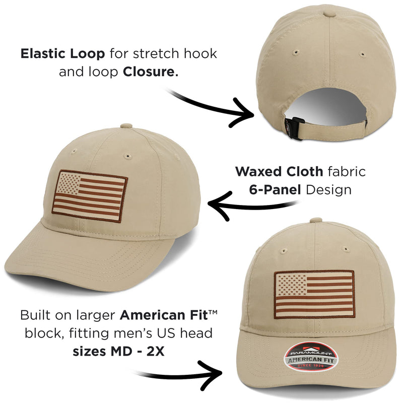 Paramount Outdoors Waxed Cloth American Flag Cap American Fit US Flag Cap Fits Head Size MD - 2X (Brown)