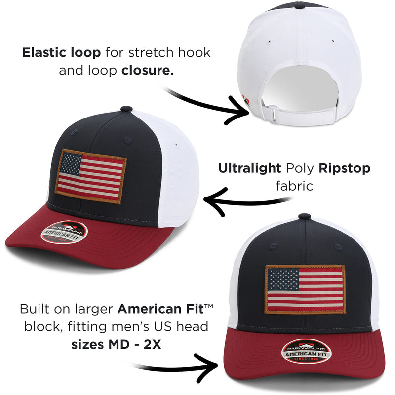 Paramount Outdoors American Flag Performance Ripstop American Fit US Patriotic Cap Fits Head Sizes MD - XX (Red White Blue)