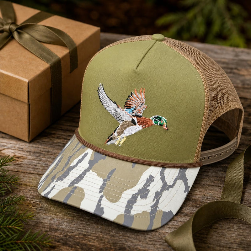 Wild Brims Hats, Flying Wood Duck, bark Camo, Dark Olive, Mesh Back