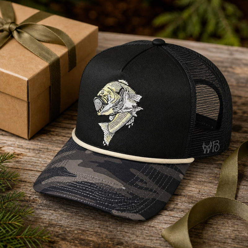 Wild Brims Hats, Largemouth Bass Black Camo, Black