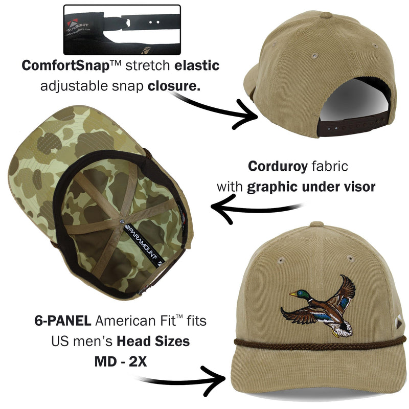 Paramount Outdoors Corduroy Hat Comfort Snapback Retro Waterfowl Snow Goose Hunting Cap (White Corduroy- OSFA)