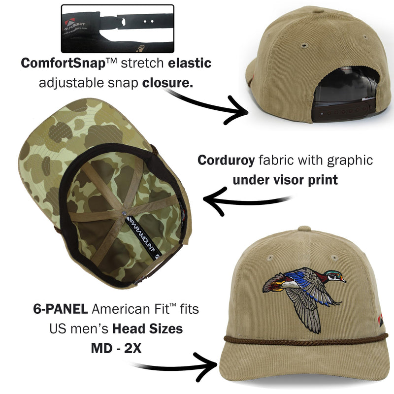 Paramount Outdoors Corduroy Hat Comfort Snapback Retro Waterfowl Snow Goose Hunting Cap (White Corduroy- OSFA)