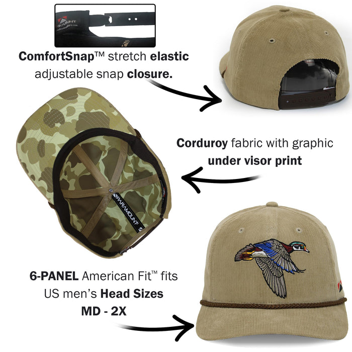 Paramount Outdoors Corduroy Hat Comfort Snapback Retro Waterfowl Snow Goose Hunting Cap (White Corduroy- OSFA)