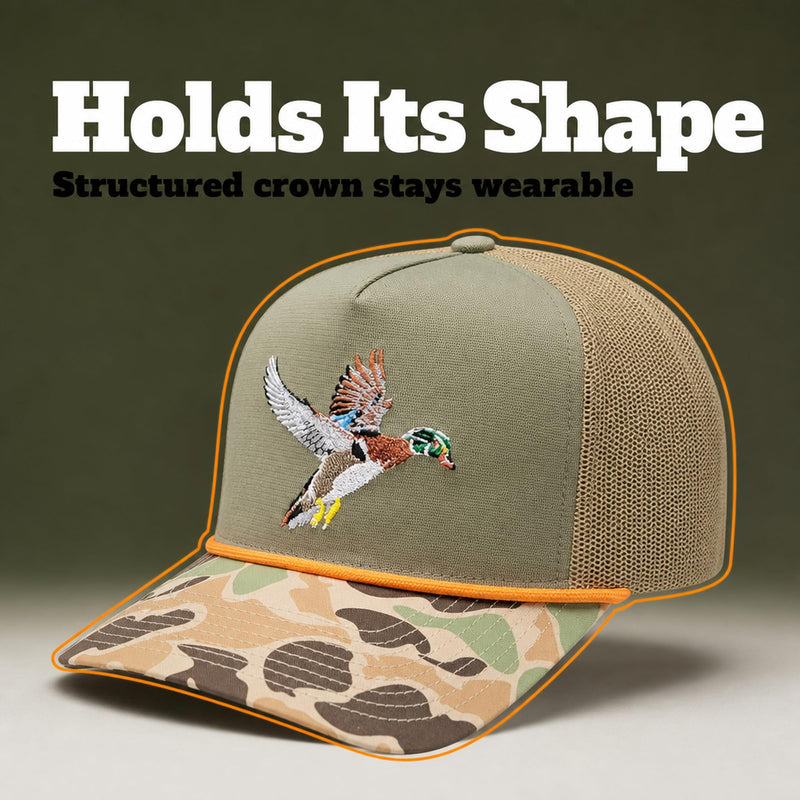 Wild Brims Flying Wood Duck Camo Brim Olive Mesh Back — detail