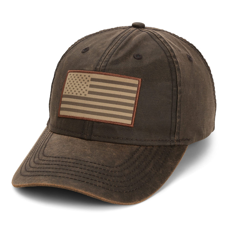Paramount Outdoors Waxed Cloth American Flag Cap American Fit US Flag Cap Fits Head Size MD - 2X (Brown)