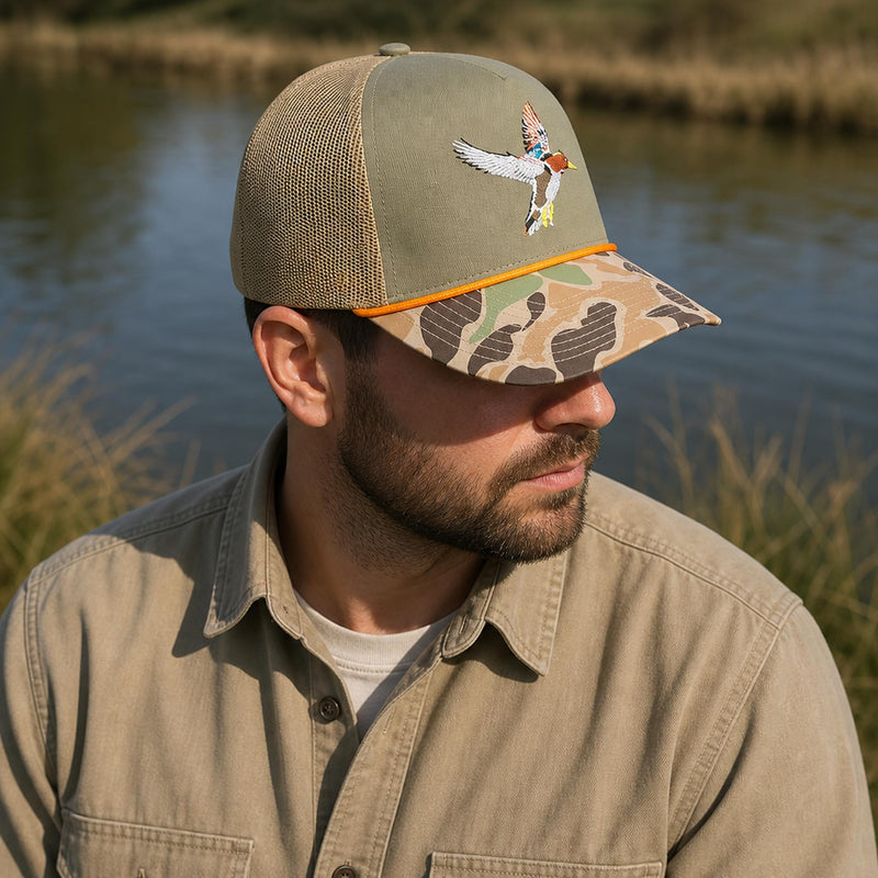 Wild Brims Hats, Flying Wood Duck, Camo Brim, Olive, Mesh Back