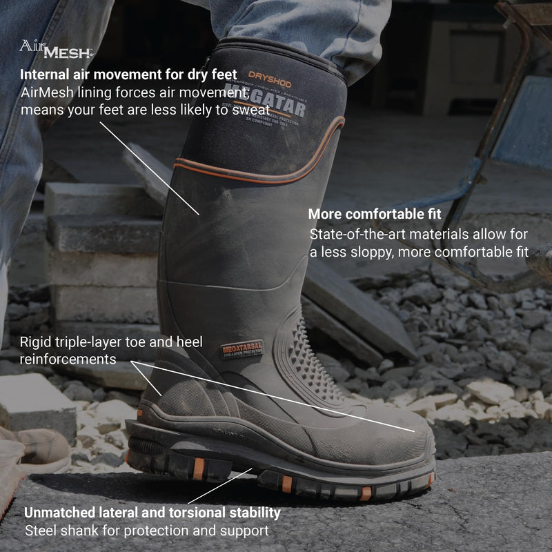 Dryshod Men's Megatar Met Guard Steel Toe Work Boot | Rubber | Waterproof | Insulated | Black | Size 11