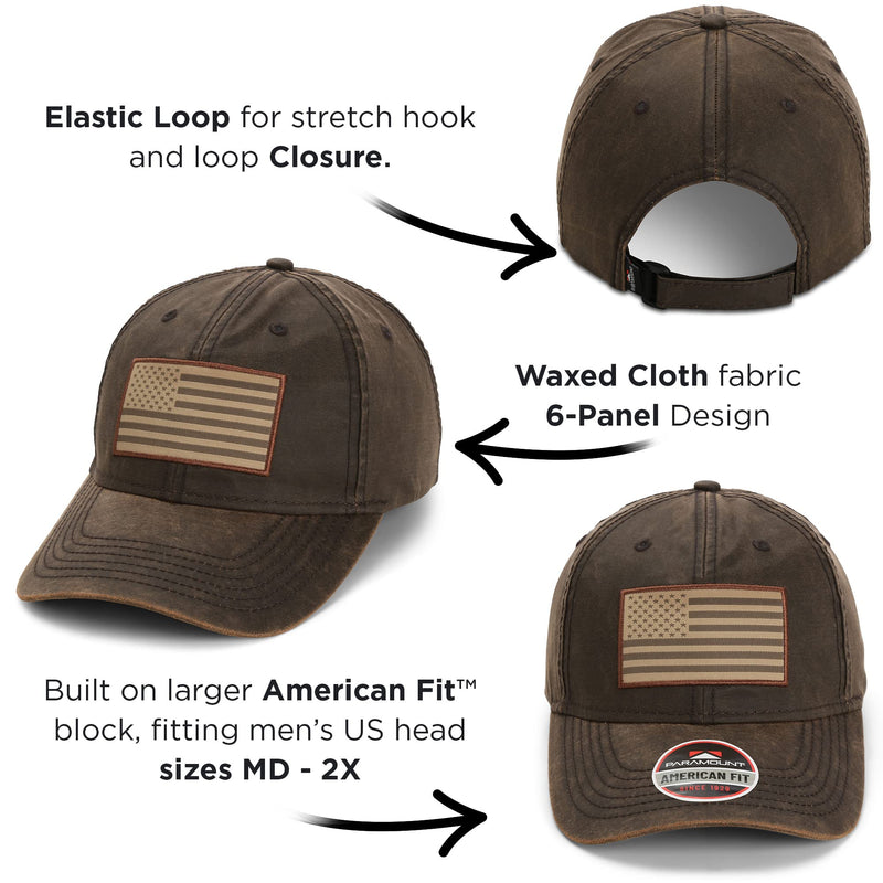 Paramount Outdoors Waxed Cloth American Flag Cap American Fit US Flag Cap Fits Head Size MD - 2X (Brown)