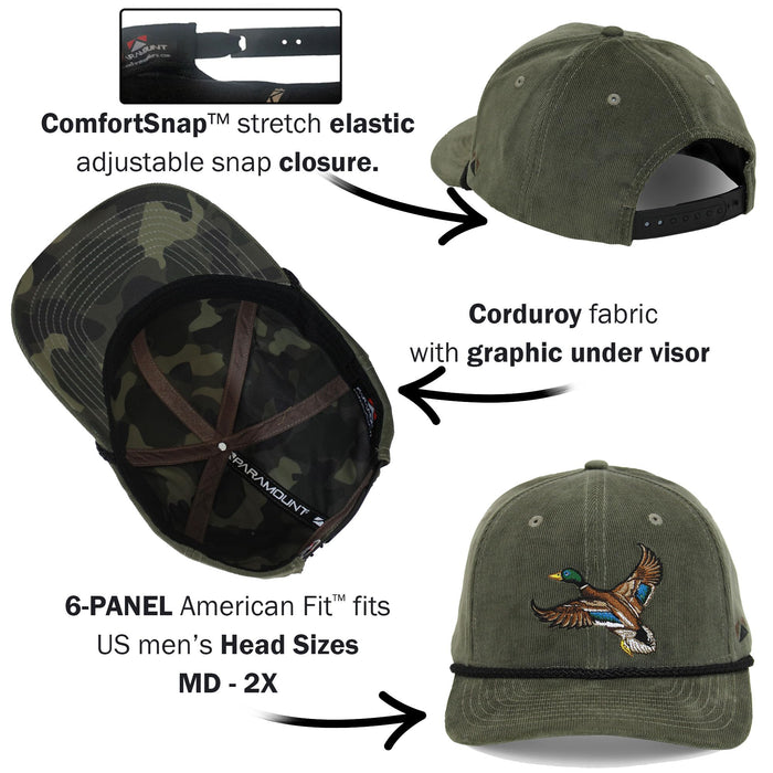Paramount Outdoors Corduroy Hat Comfort Snapback Retro Waterfowl Snow Goose Hunting Cap (White Corduroy- OSFA)