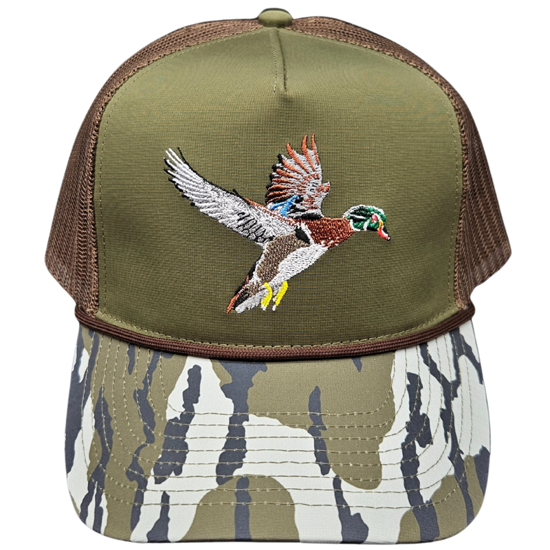 Wild Brims Hats, Flying Wood Duck, bark Camo, Dark Olive, Mesh Back