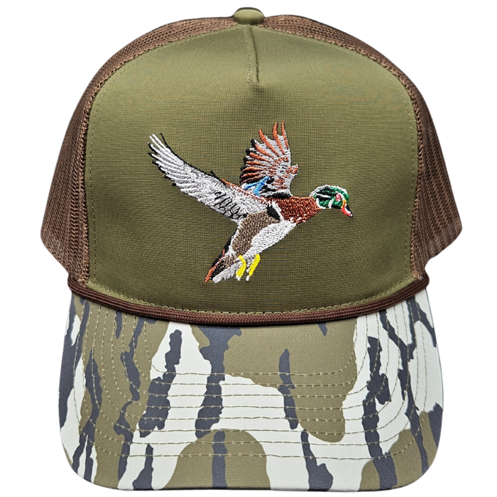 Wild Brims Hats, Flying Wood Duck, bark Camo, Dark Olive, Mesh Back